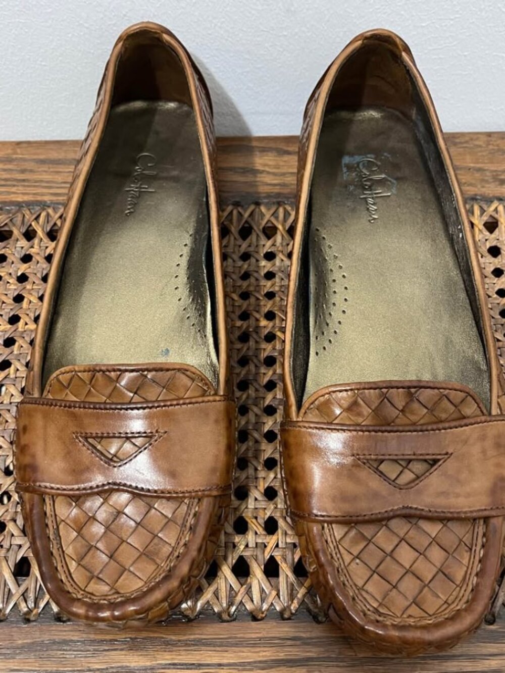 Size 9B Cole Haan Chestnut Brown Quiet Luxury Woven Leather Penny Loafer Flat